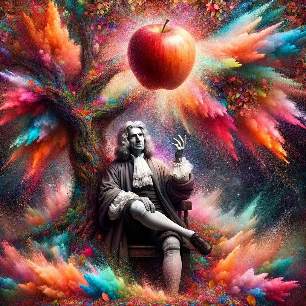 the discovery of gravity, made from a burst of colored powder, digital art